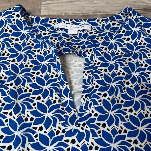 Diane von Furstenberg Blue White Print Stretch Long Sleeve Mini Dress Size 4 - Picture 2 of 7